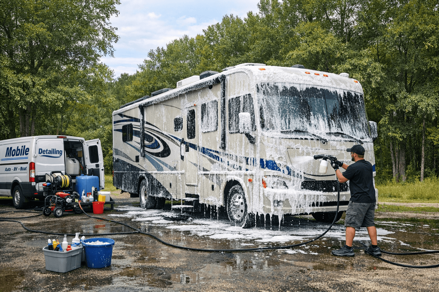 Motor home getting foam wash outdoors with mobile detailing service
