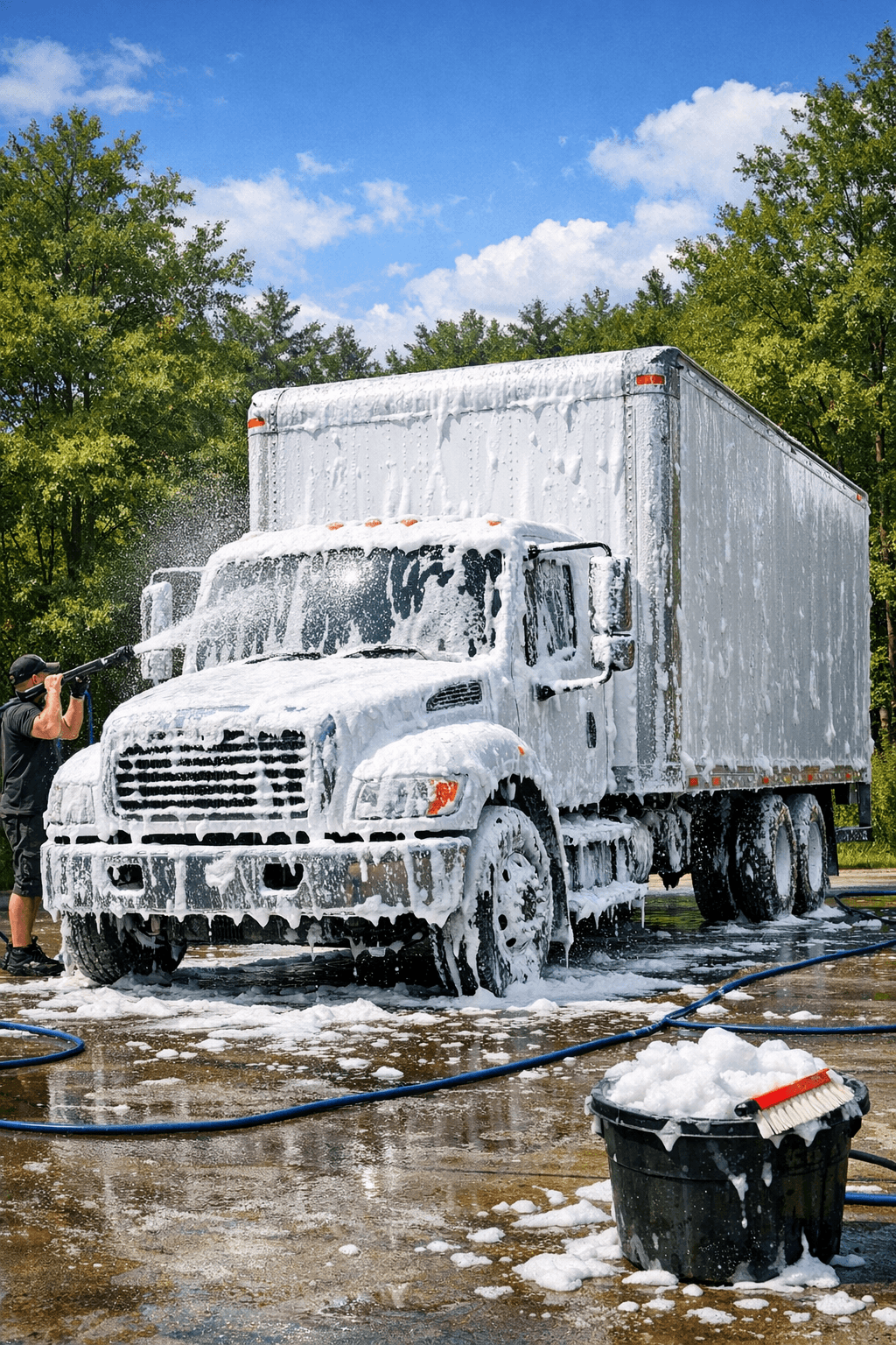 A straight truck being foam washed outdoors