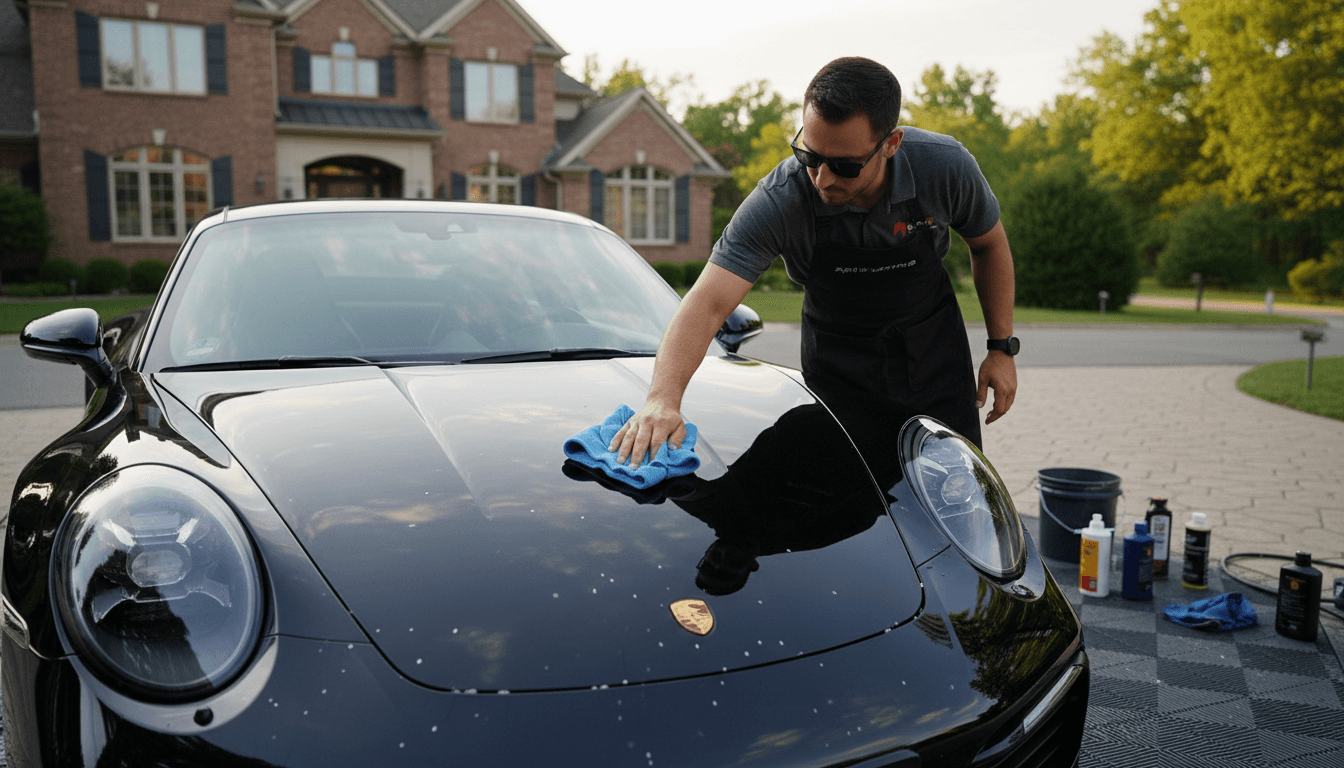 Detailer polishing a glossy car exterior in a driveway