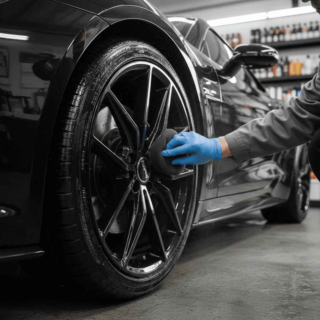 Applying tire shine to a car wheel
