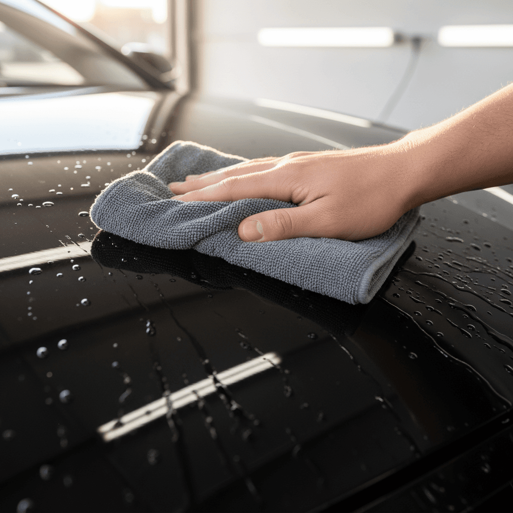 Hand drying a glossy black car after a wash