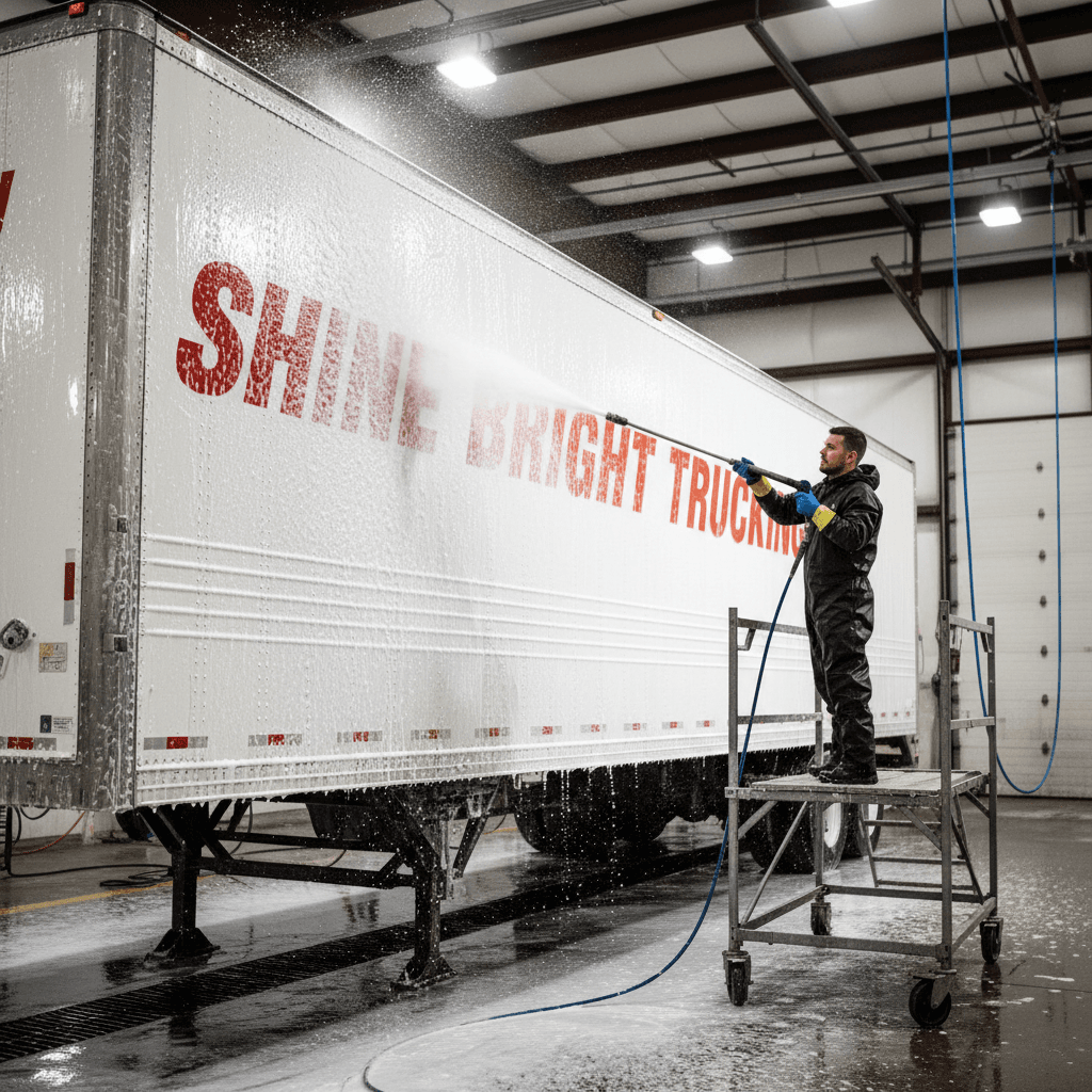 White semi trailer receiving a foam wash