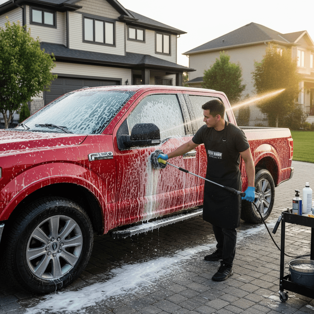 Detailer applying foam to a red pickup truck in a driveway