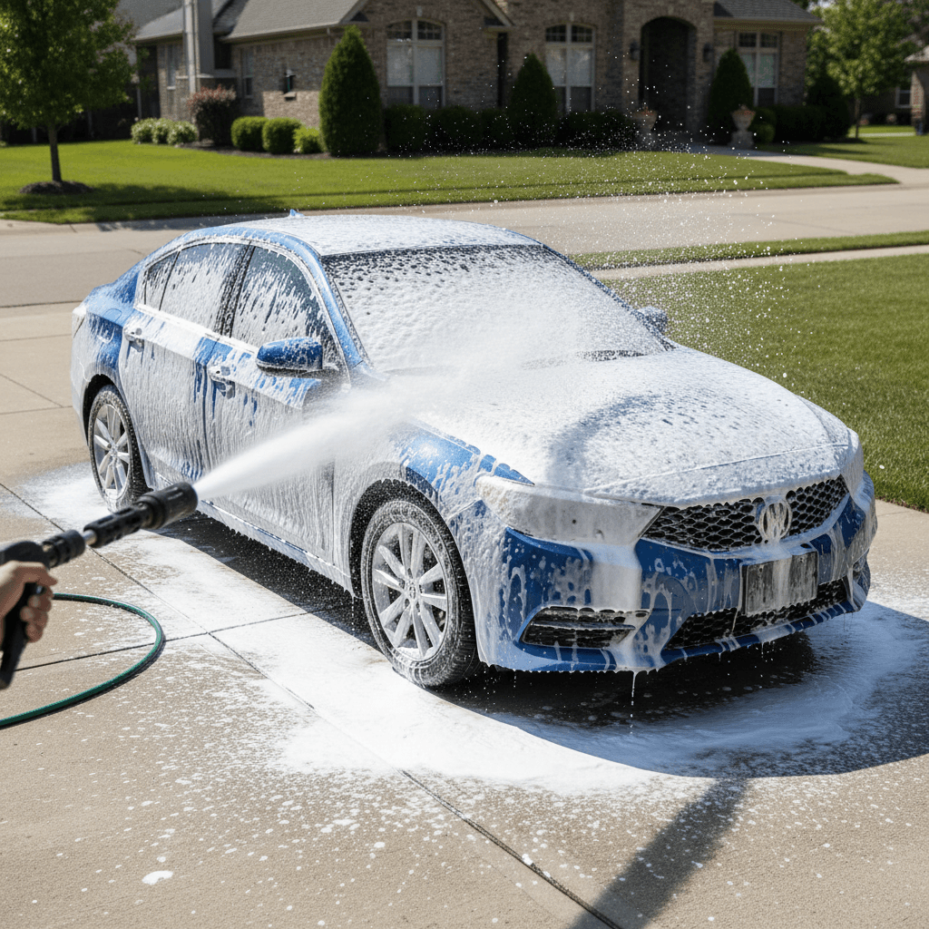 Foam cannon spraying suds on a blue sedan