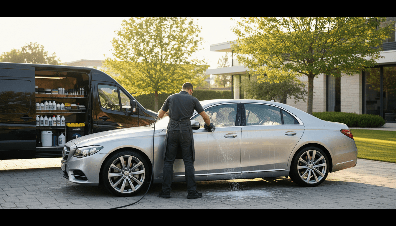 Mobile detailer washing a white sedan in a residential driveway