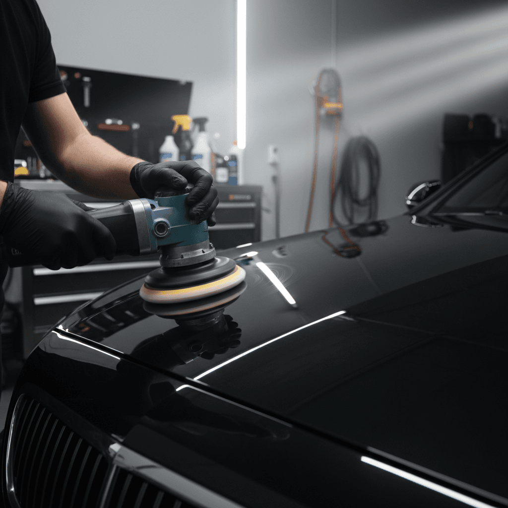 Shiny black pickup truck with deep gloss reflection after professional mobile detailing