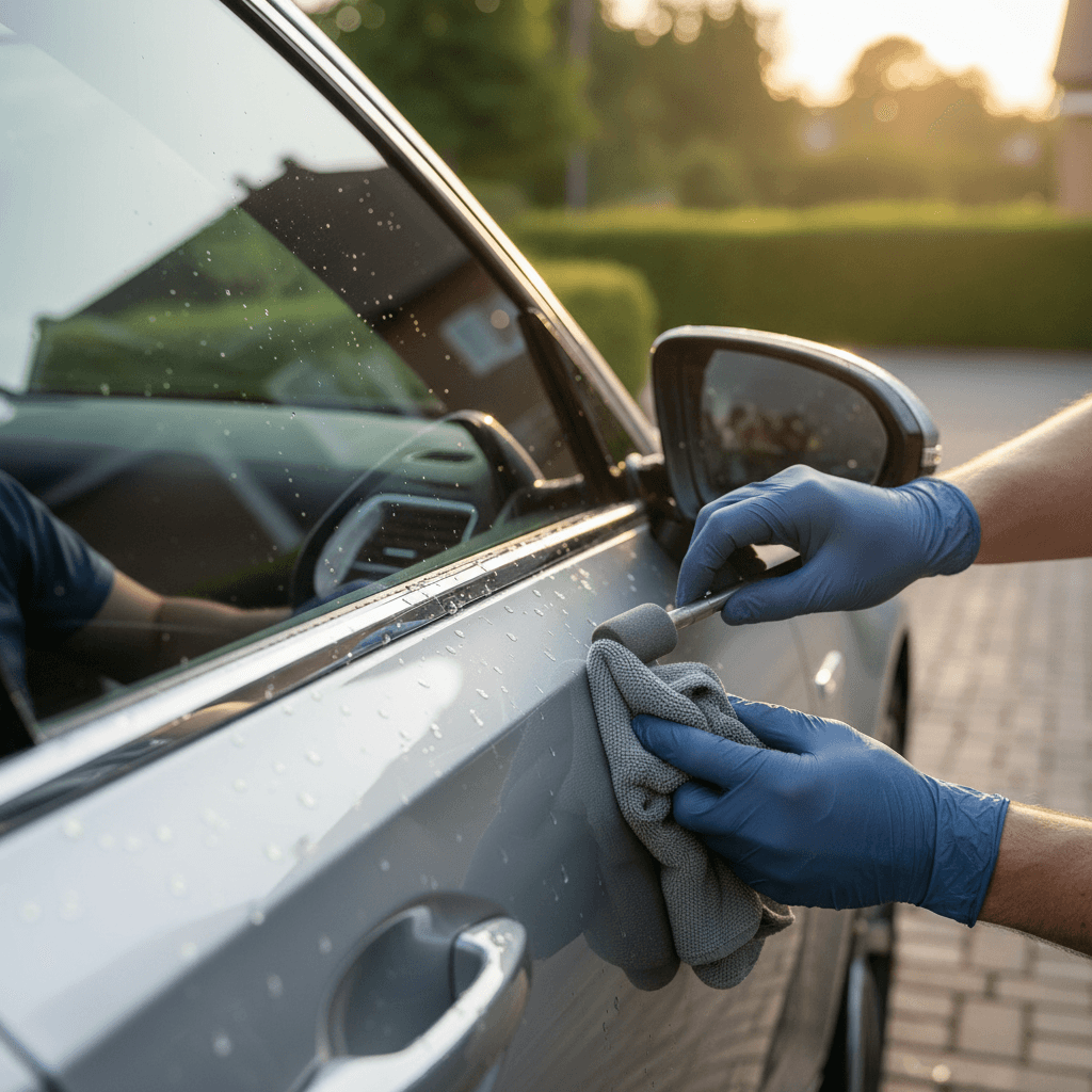 Applying tire shine to a car wheel
