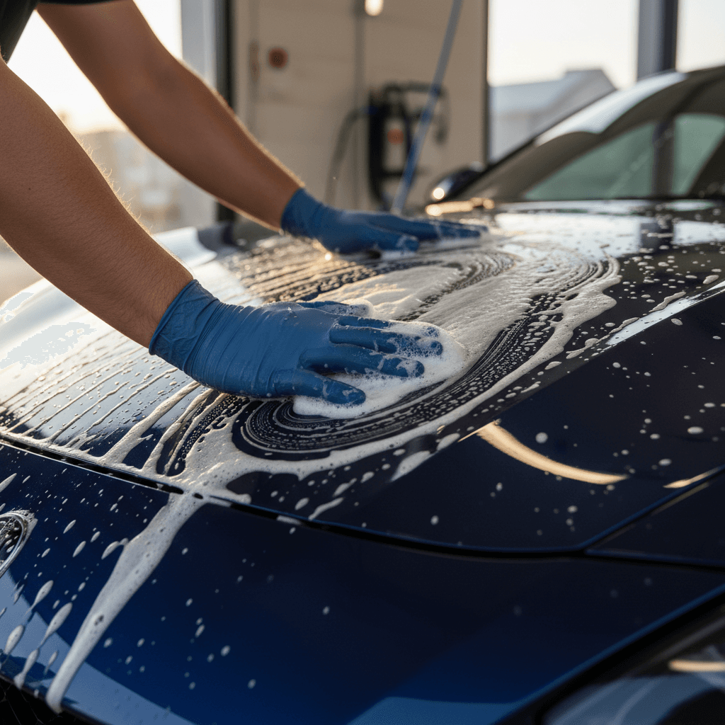 Detailer applying foam wash to a semi truck cab