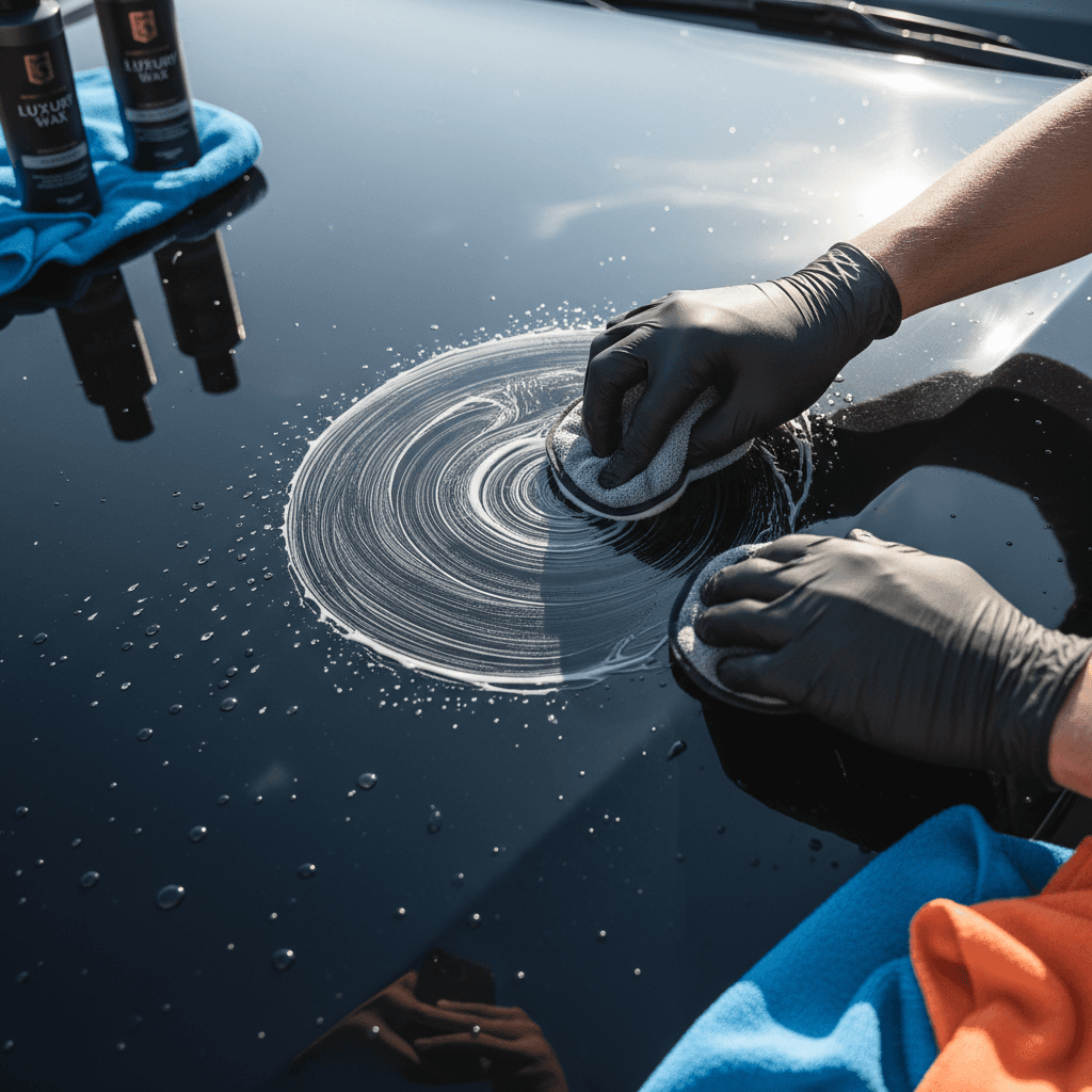 Detailer polishing the hood of a shiny car