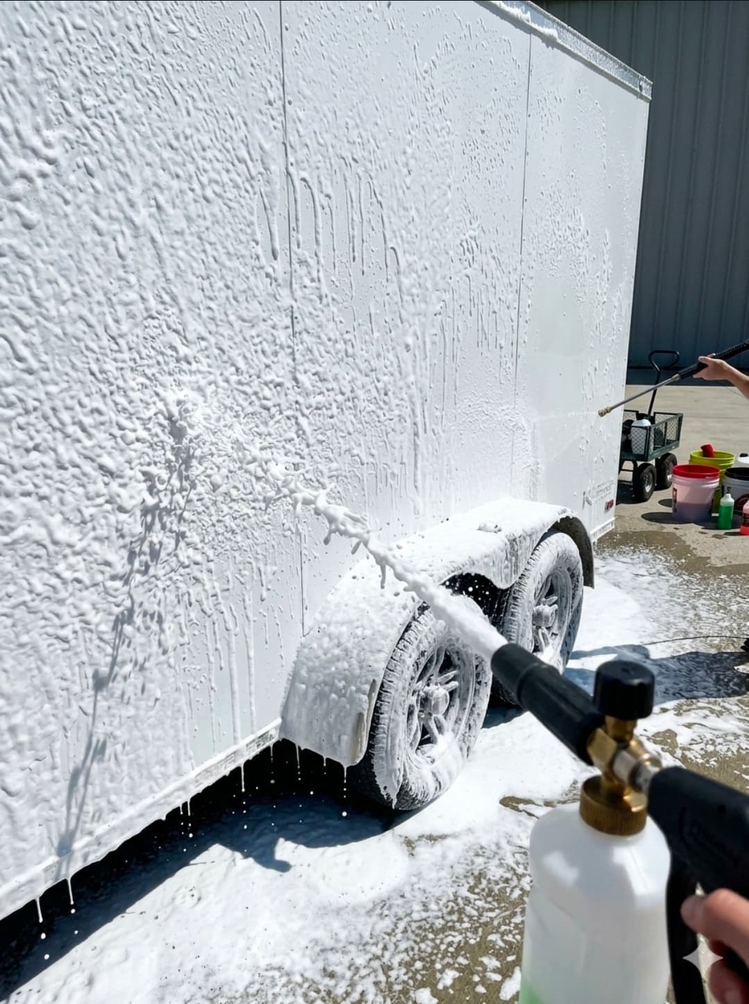 Thick white cleaning foam sprayed onto the side and wheels of a large white trailer.