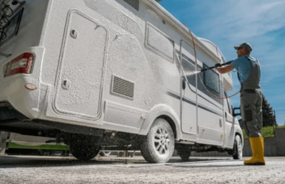 Man in yellow boots pressure washing a white motorhome covered in thick soap foam.